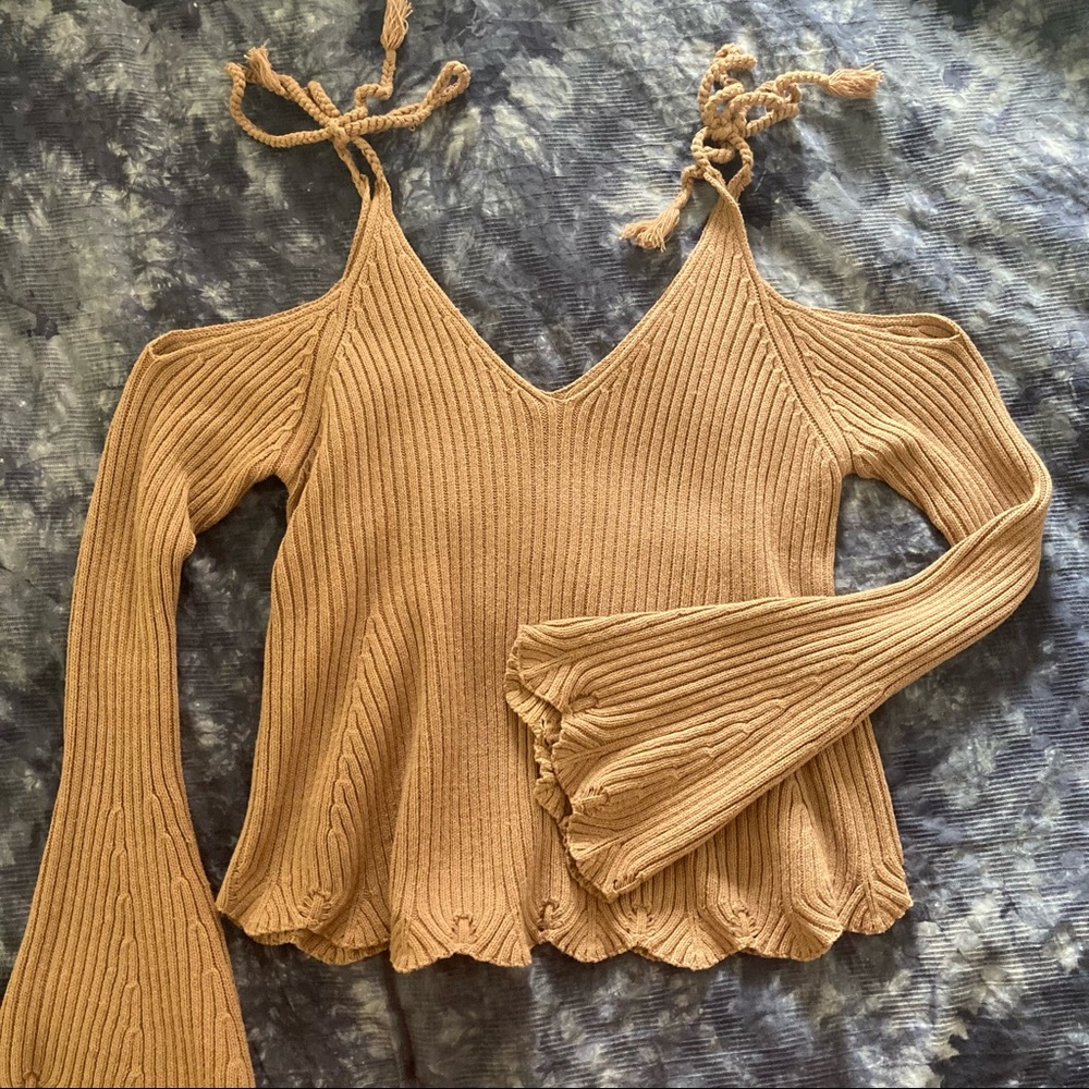 LA Hearts Dusty Purple Tie Sleeve Cold Shoulder Bell Sleeve Sweater